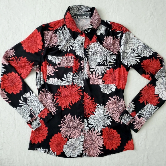Guess Long Sleeve Button Down Black & Red Floral Print Shirt, Size Small - Picture 9 of 16